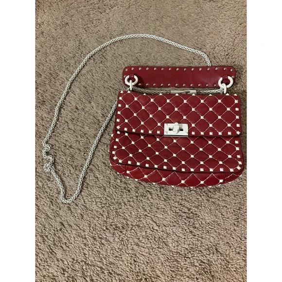 Valentino Rockstud Spike Red White Quilted Handle Shoulder chain Bag. - Picture 3 of 16